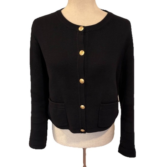 J.Crew Emilie Patch Pocket Lady Jacket Cardigan Black Gold Button BQ197 Sz M - Picture 3 of 9